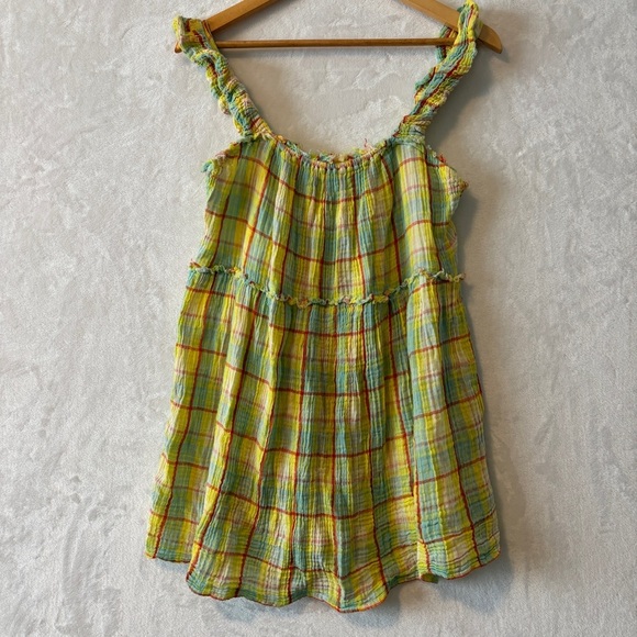 Anthropologie womens yellow green casual Plaid Ruffle Mini‎ tank Dress size XS - Picture 2 of 9